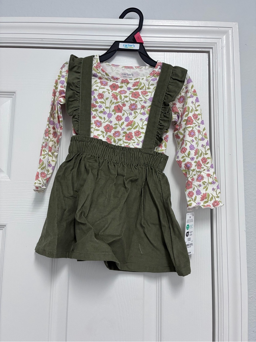 Carter's Olive Green Ruffle Suspender Skort with Floral Top